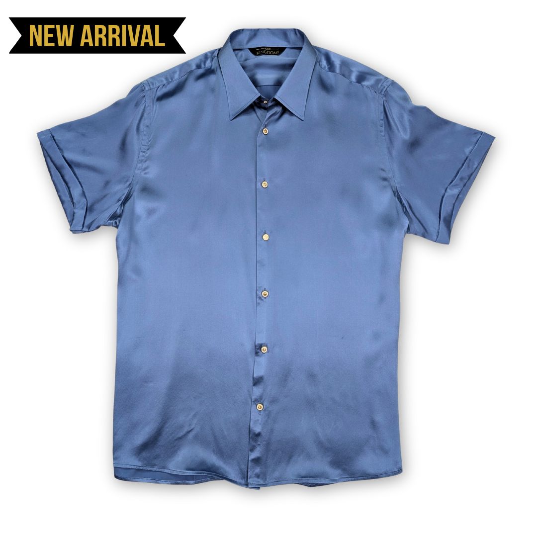 Men's Cool Blue Short Sleeve 100% Silk Shirt