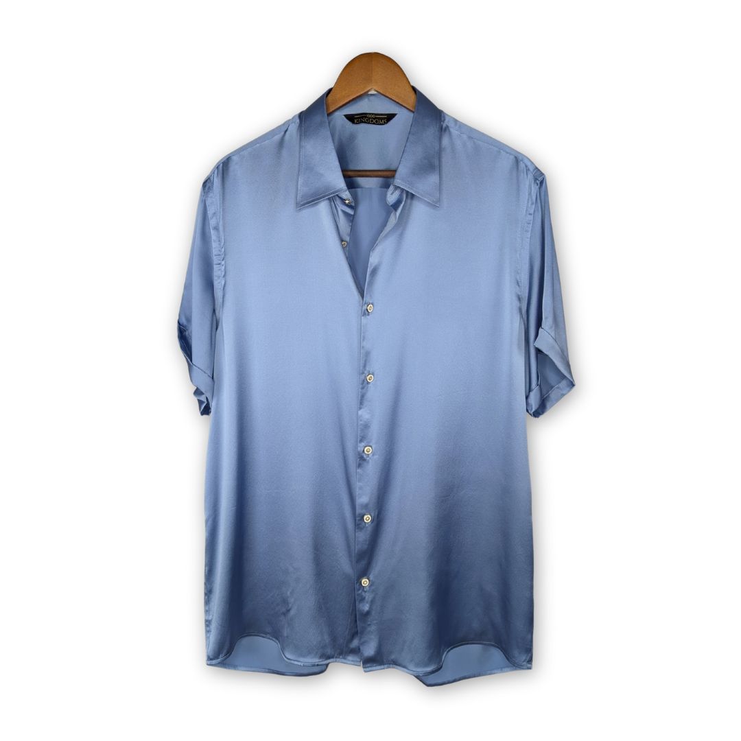 Men's Cool Blue Short Sleeve 100% Silk Shirt | 1000 Kingdoms Modern Fit / X-Large Men's Cool Blue Short Sleeve 100% Silk Shirt | 1000 Kingdoms Modern Fit / X-Large