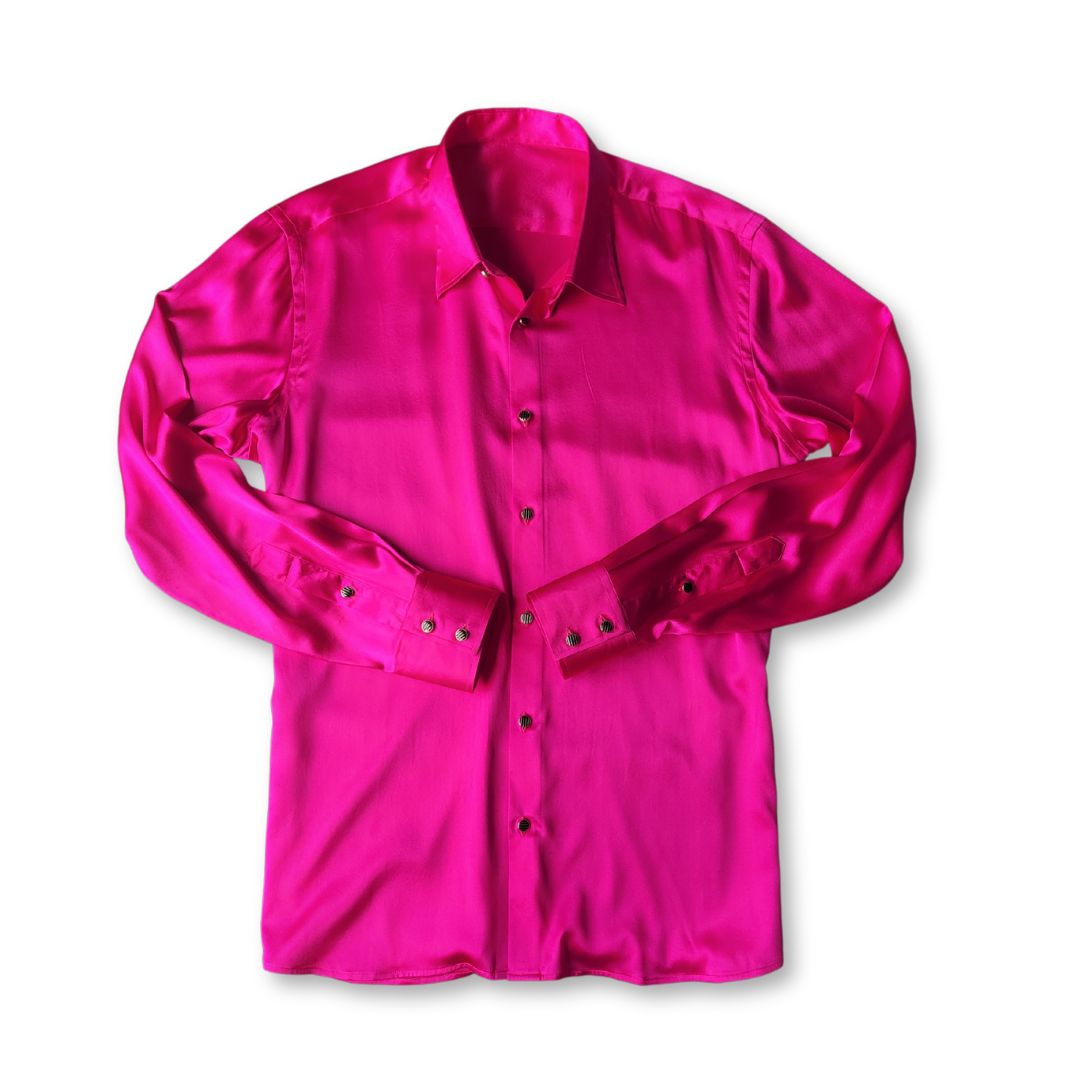 Hot Pink Pink Long Sleeve Shirt Mens Men's Pink 100% Silk Shirt