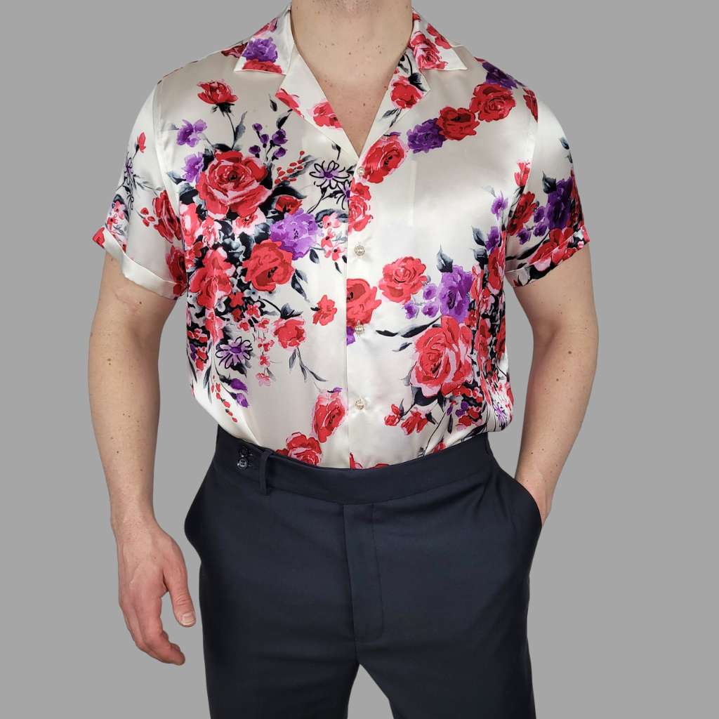 Mens White Floral Short Sleeve Silk Shirt 1000 Kingdoms