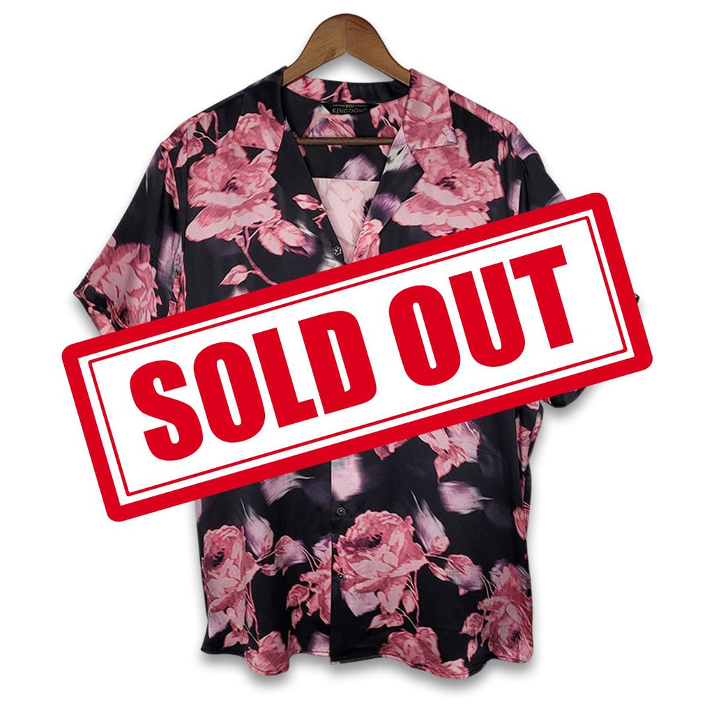 Floral mens silk shirt on a hanger with a 'SOLD OUT' stamp