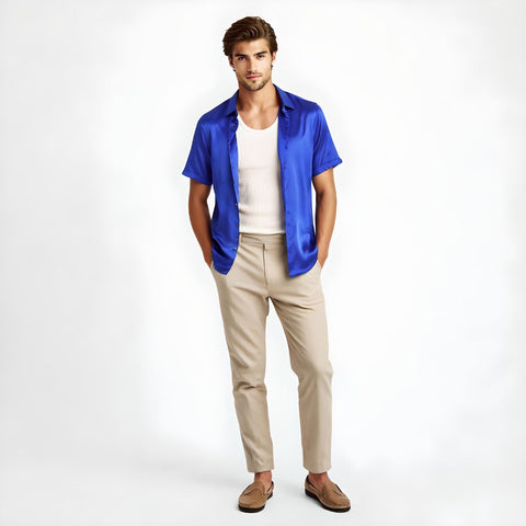 model wearing a blue short sleeve silk shirt from 1000 kingdoms