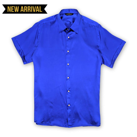 mens blue short sleeve silk shirt by 1000 kingdoms