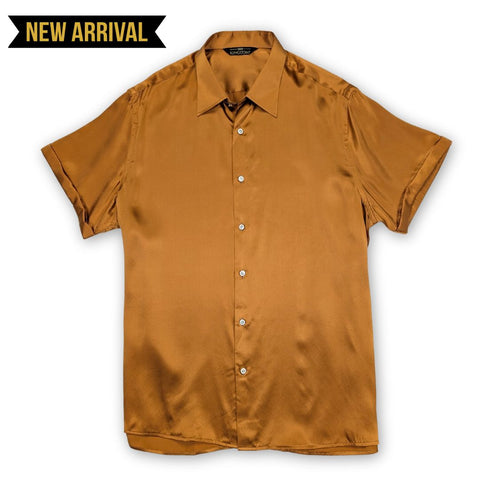 mens caramel brown short sleeve silk shirt by 1000 kingdoms