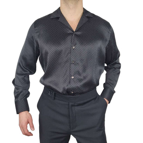 mens black dotted long sleeve silk shirt product shot