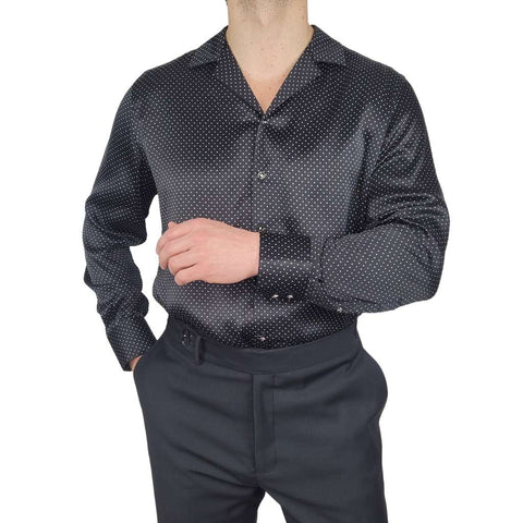 mens black dotted long sleeve silk shirt product shot
