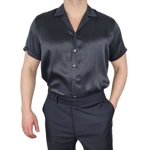 Mens Black Dotted Short Sleeve Silk Shirt
