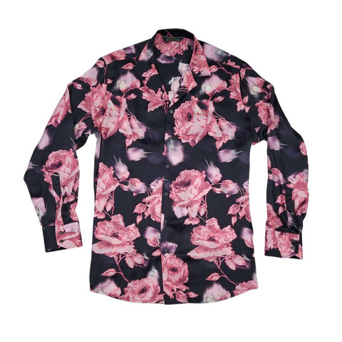 mens black floral long sleeve silk shirt product picture