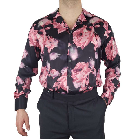 mens black floral long sleeve silk shirt product picture