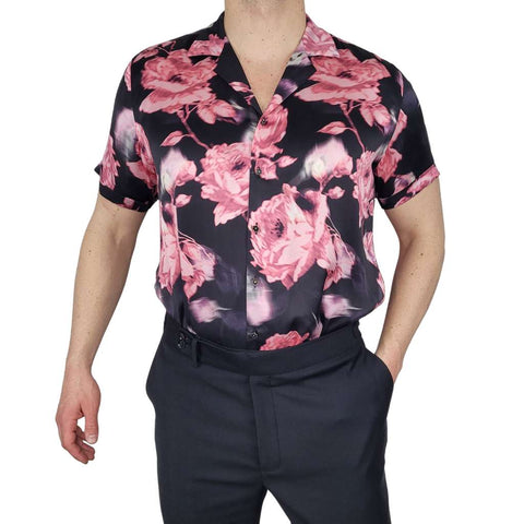 mens black floral short sleeve silk shirt product picture