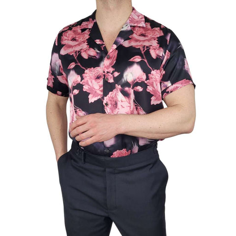 mens black floral short sleeve silk shirt product picture