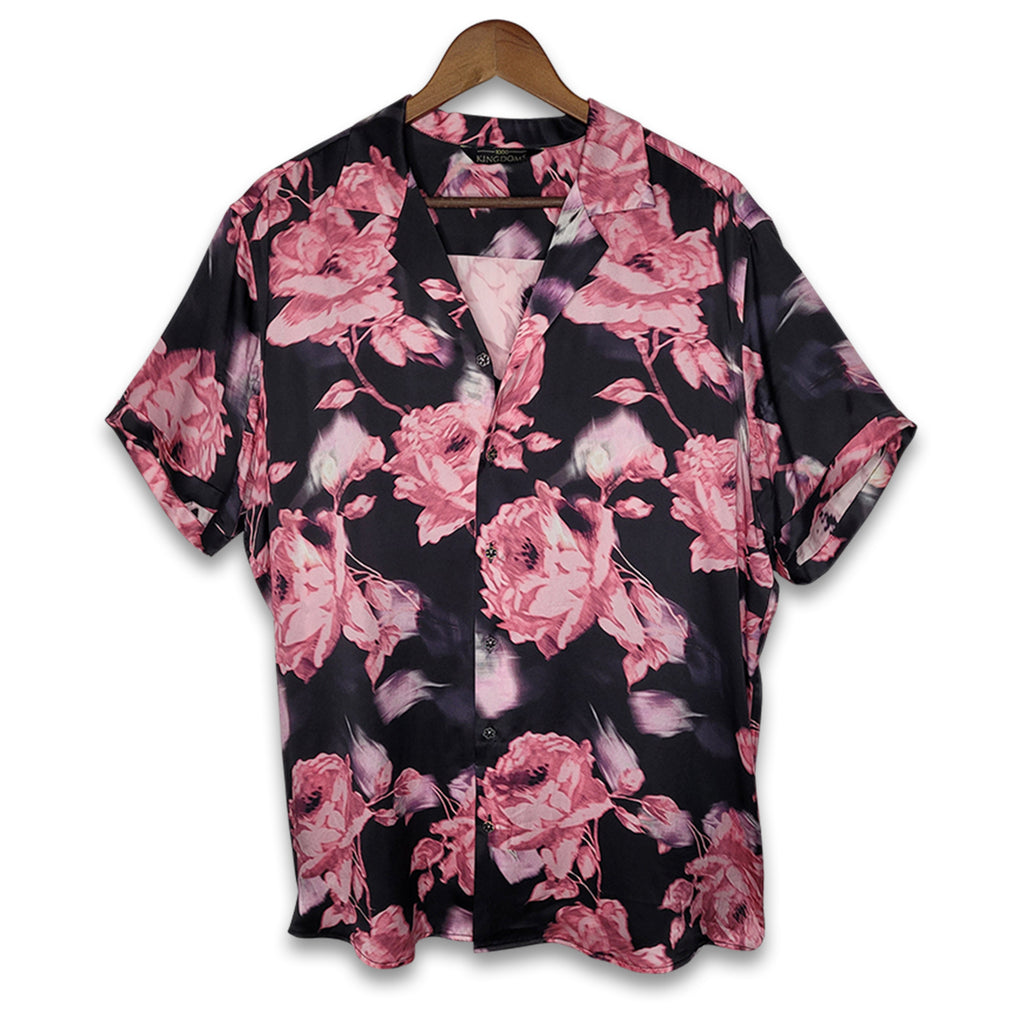 mens black floral short sleeve silk shirt product image
