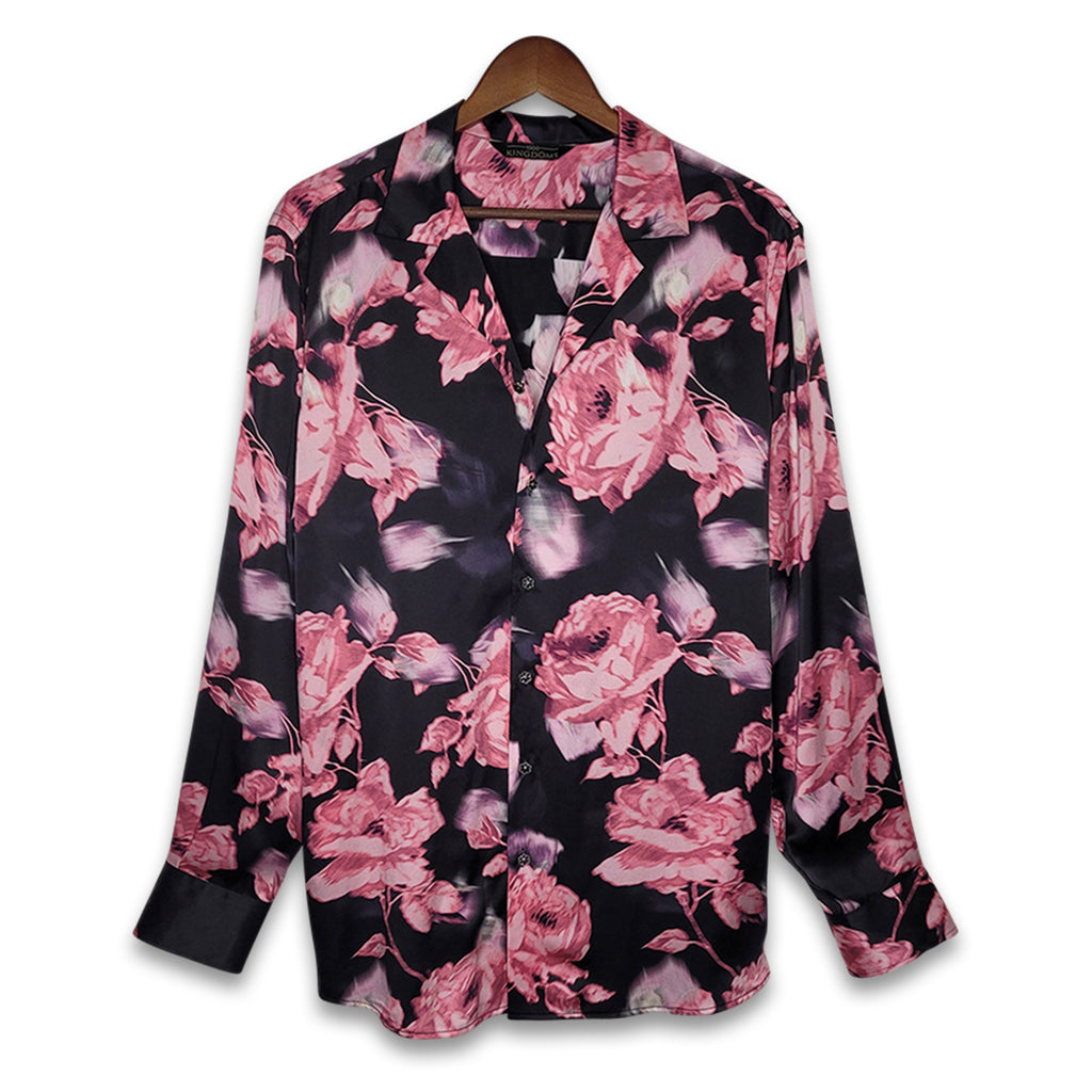 mens black floral silk shirt product image