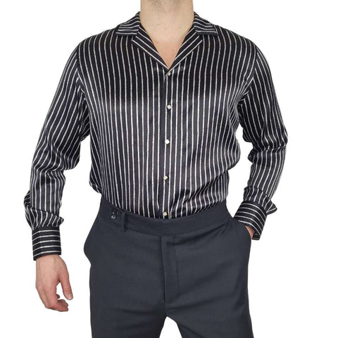 mens black stripe long sleeve silk shirt product picture