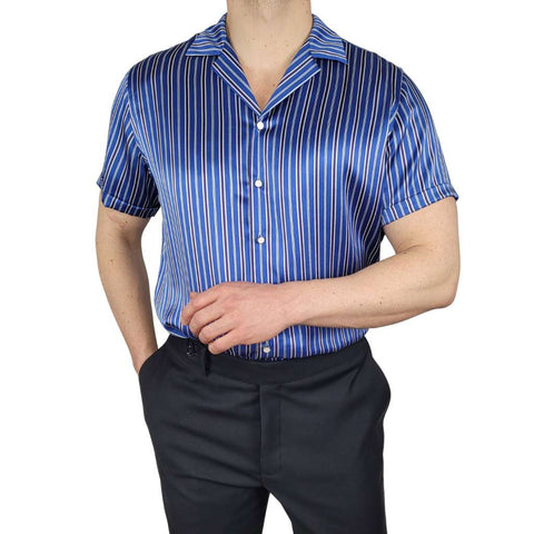 mens blue stripe short sleeve silk shirt product picture