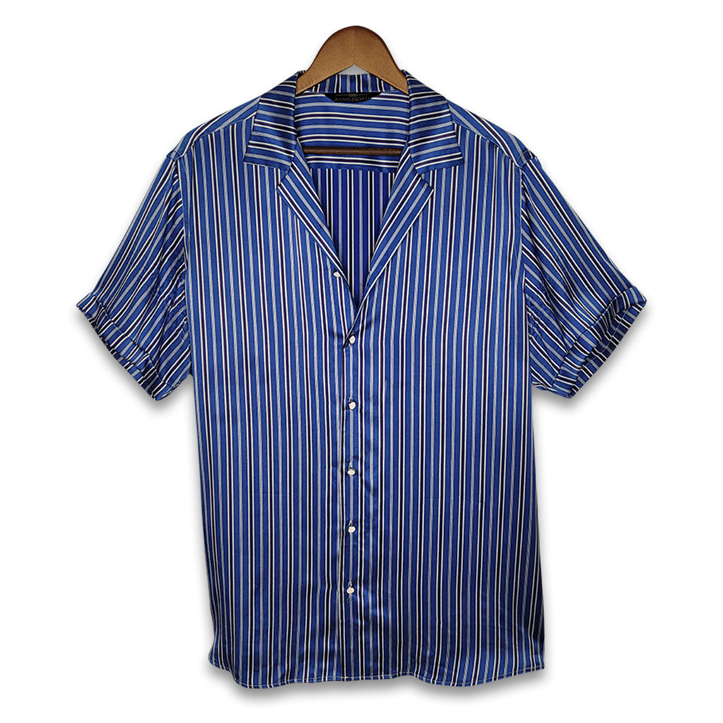 mens blue stripe short sleeve silk shirt product image