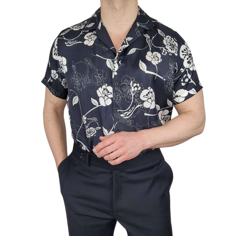 mens black gothic floral short sleeve silk shirt product picture