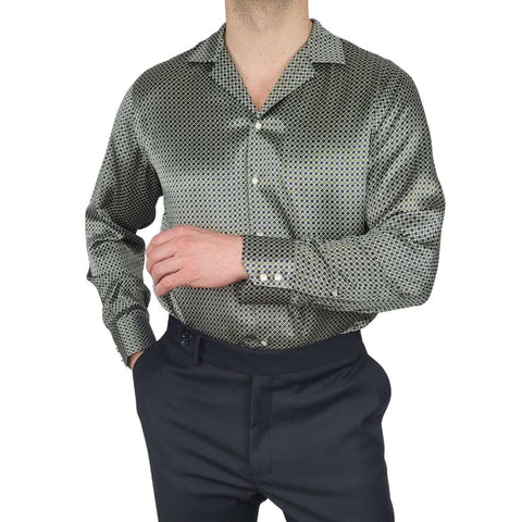 mens green and blue diamond long sleeve silk shirt product picture