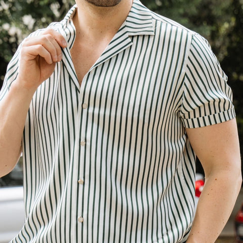 close up photo of a mens short sleeve green stripe silk shirt from 1000 Kingdoms