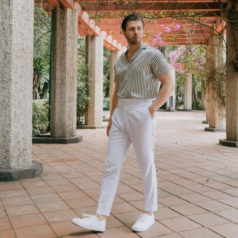 Men's Green Stripe Short Sleeve Silk Shirt 1000 Kingdoms