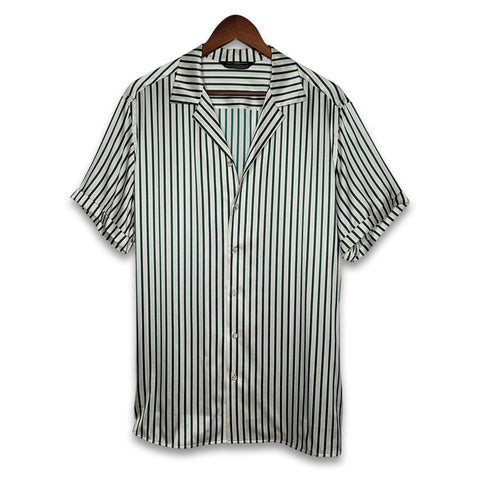 mens green stripe short sleeve silk shirt product image