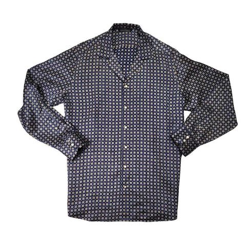 mens navy grid long sleeve silk shirt product picture
