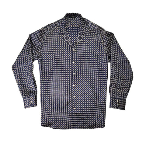 mens navy grid long sleeve silk shirt product picture