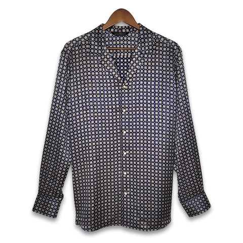 mens navy grid silk shirt product image
