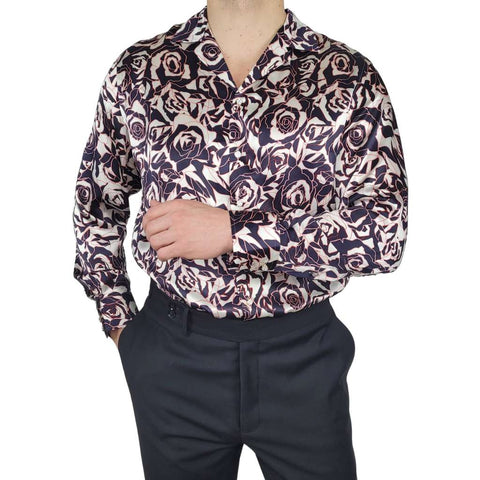 mens navy rose floral long sleeve silk shirt product shot