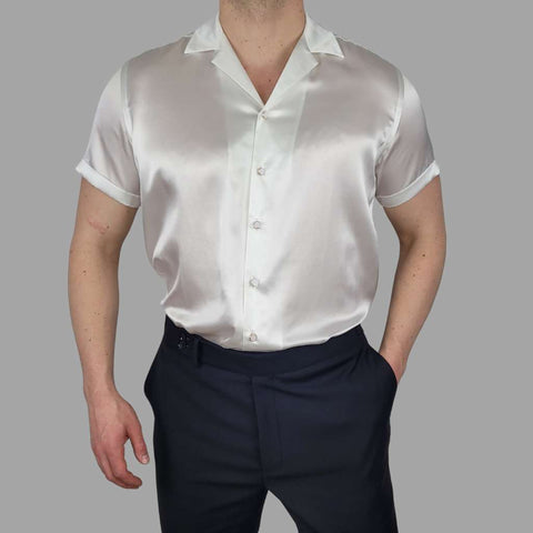 mens short sleeve white silk shirt product shot