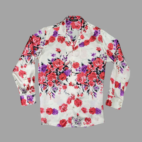 mens white floral long sleeve silk shirt model picture
