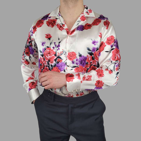 mens white floral long sleeve silk shirt model picture