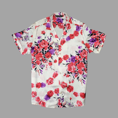 mens white floral short sleeve silk shirt product picture