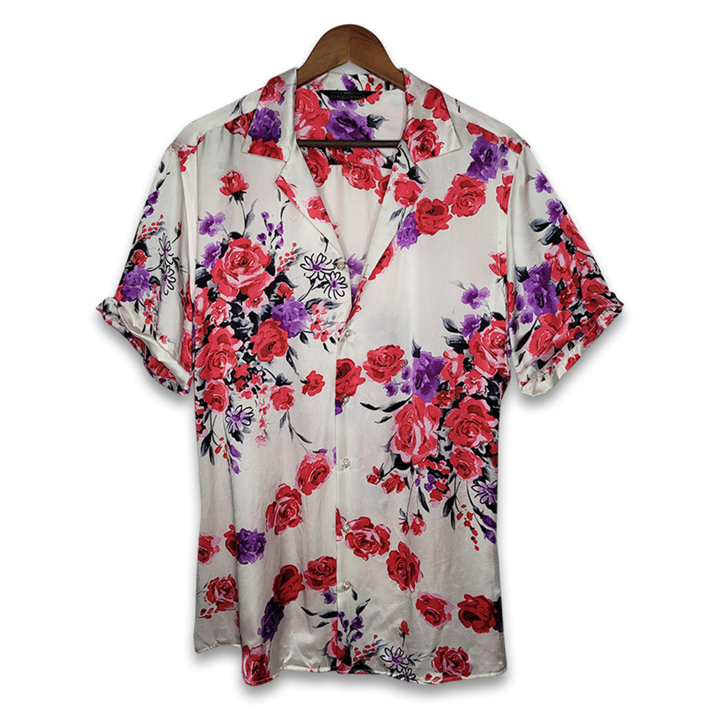mens white floral short sleeve silk shirt product image