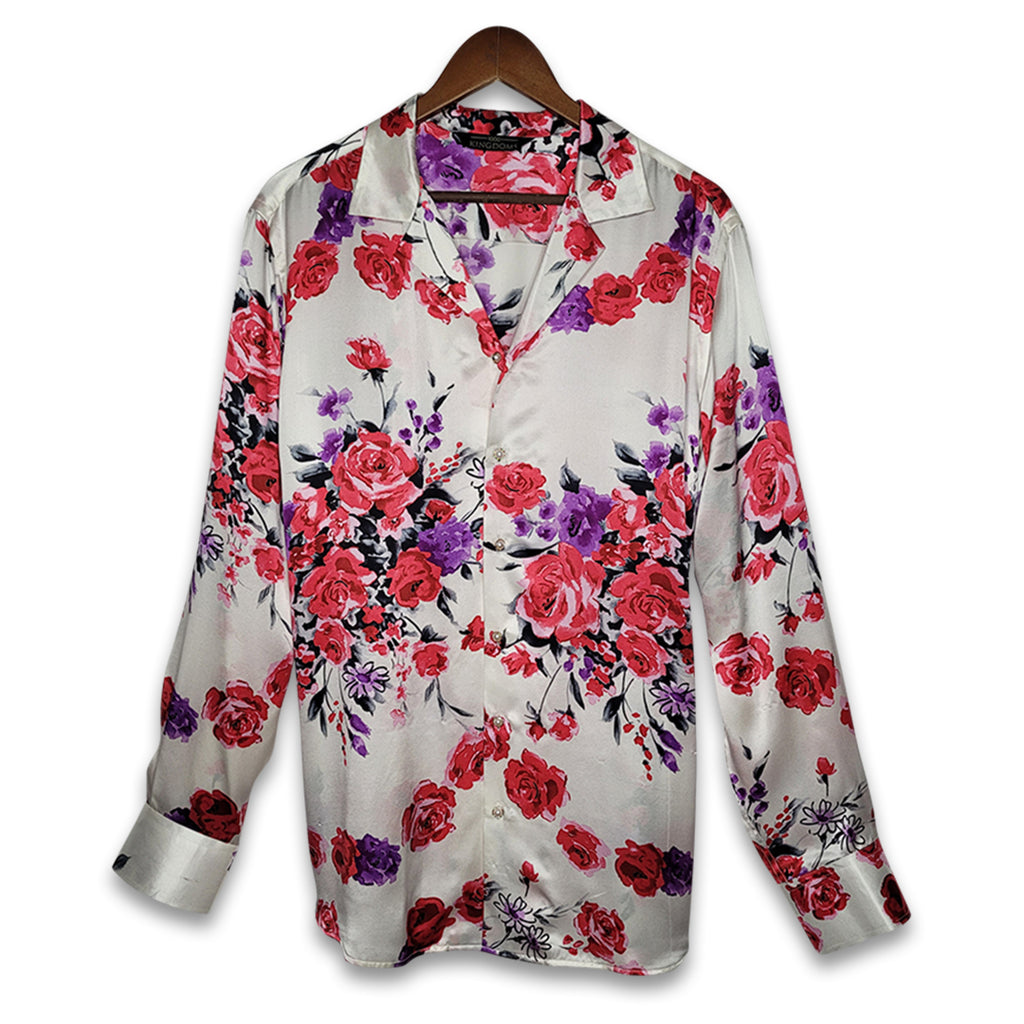mens white floral silk shirt product image