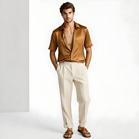 model wearing mens caramel brown short sleeve silk shirt by 1000 kingdoms