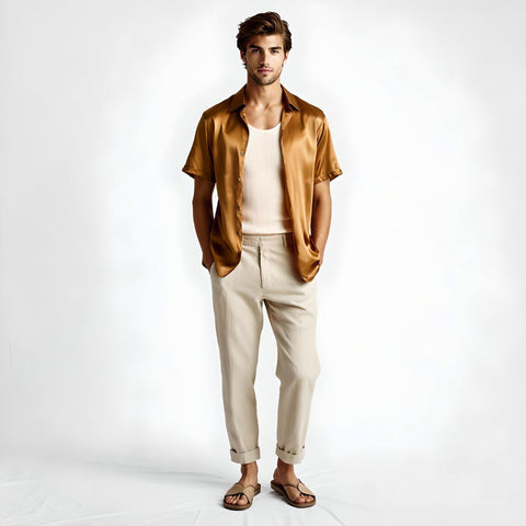 model wearing mens caramel brown short sleeve silk shirt by 1000 kingdoms