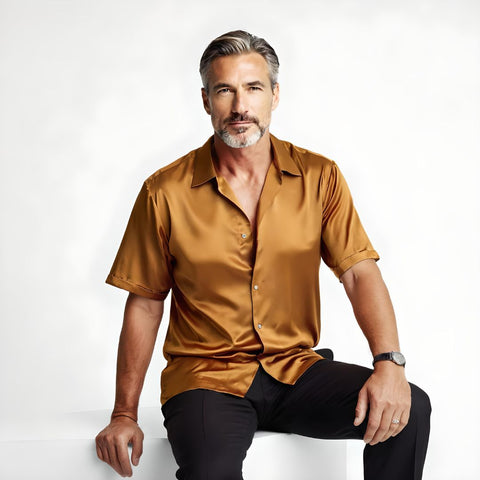 model wearing mens caramel brown short sleeve silk shirt by 1000 kingdoms