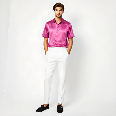 mens pink silk dress shirts Men's Pink Satin Shirt Luxury Silk-look Party Wear Shiny Dress Shirt Elegant Long Sleeve