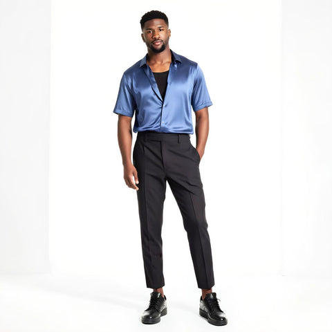 model wearing mens cool blue short sleeve silk shirt by 1000 kingdoms
