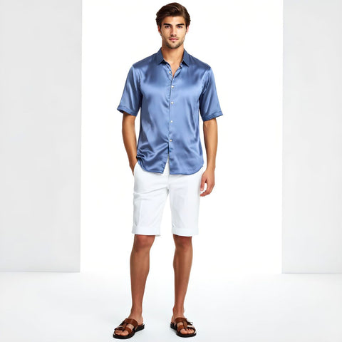 model wearing mens cool blue short sleeve silk shirt by 1000 kingdoms
