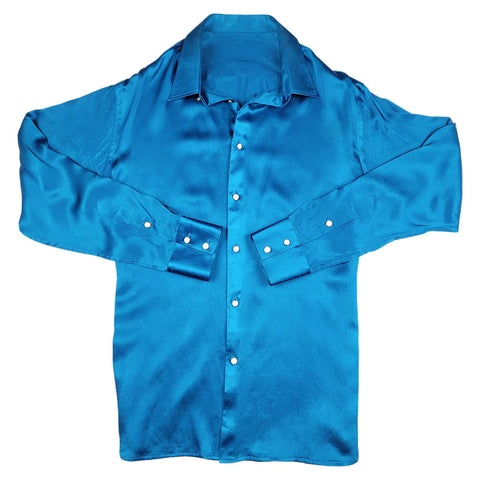 Mens Turquoise Blue Silk Shirt front view by 1000 Kingdoms