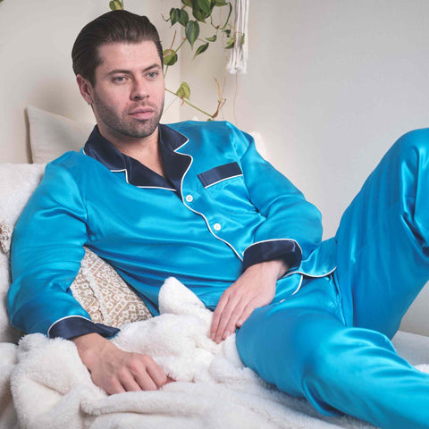 mens blue silk pajamas 100% silk