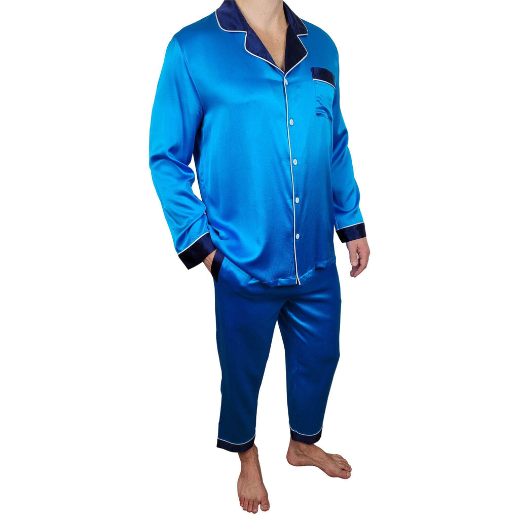 mens blue silk pajama set