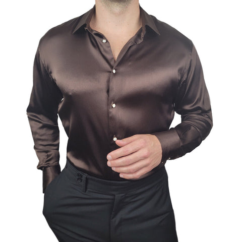 mens brown long sleeve silk dress shirt by 1000 kingdoms