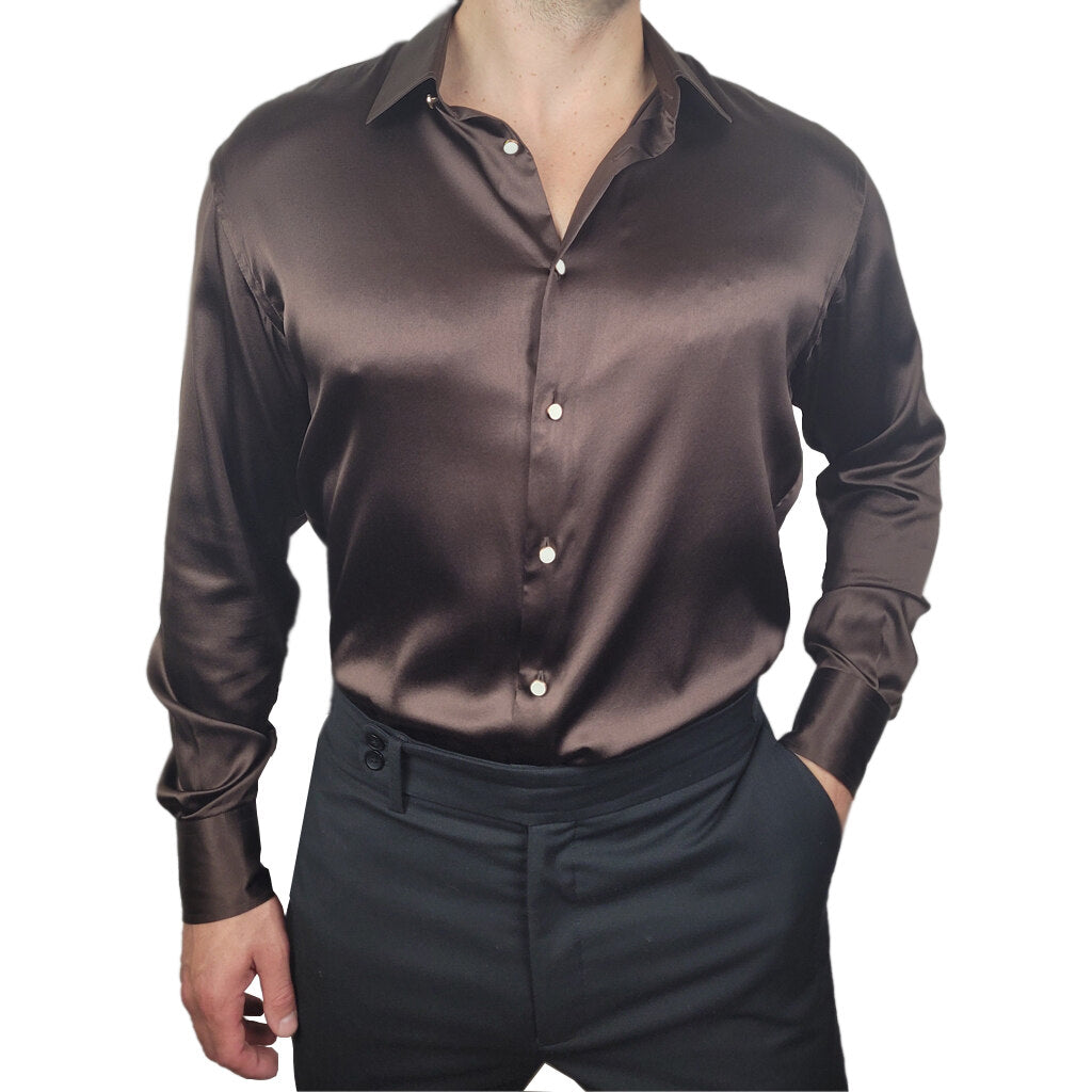 Men's Brown 100% Silk Shirt | 1000 Kingdoms Slim Fit / X-Large Men's Brown 100% Silk Shirt | 1000 Kingdoms Slim Fit / X-Large
