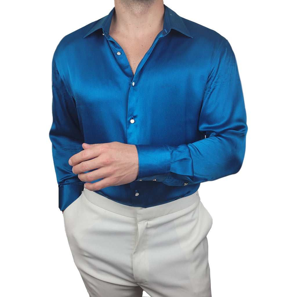 model wearing a mens turquoise long sleeve silk dress shirt by 1000 kingdoms
